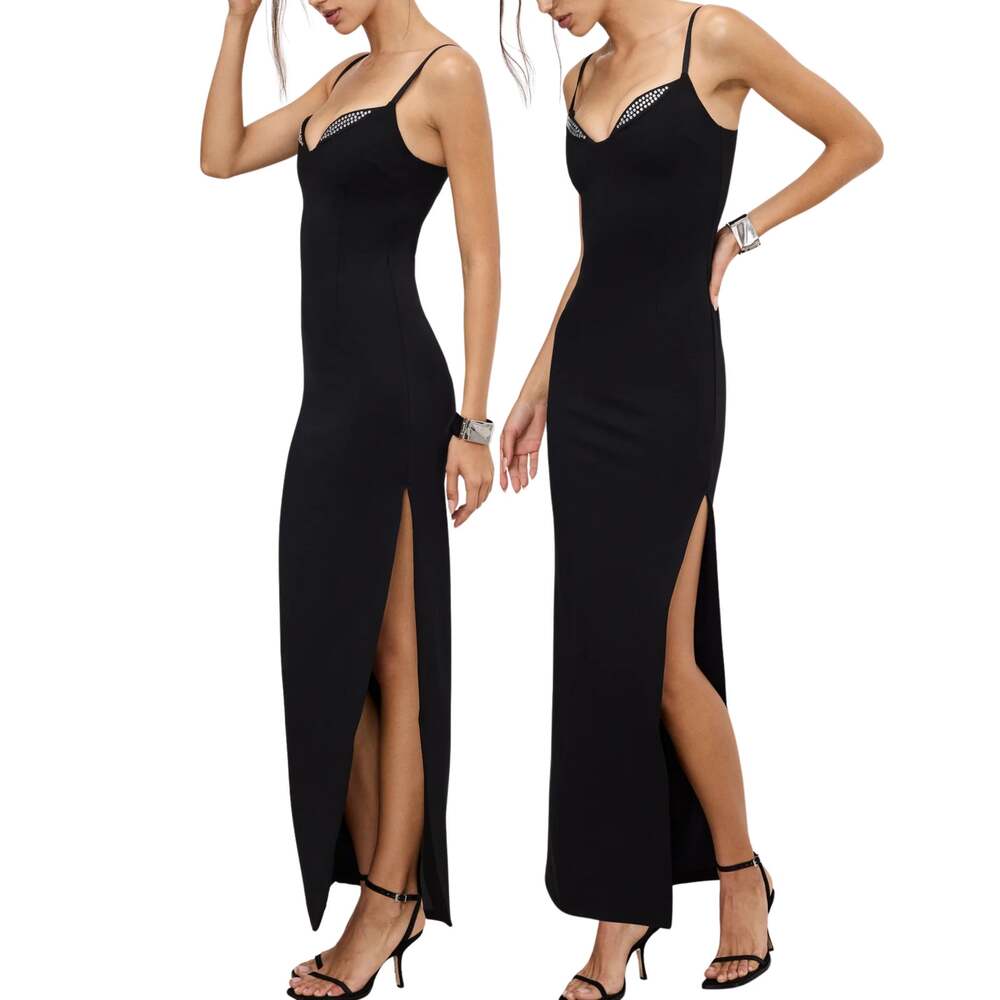 Good American Ponte Embellished Cup Gown Black XS NWT Crystal Bust Slit Gown